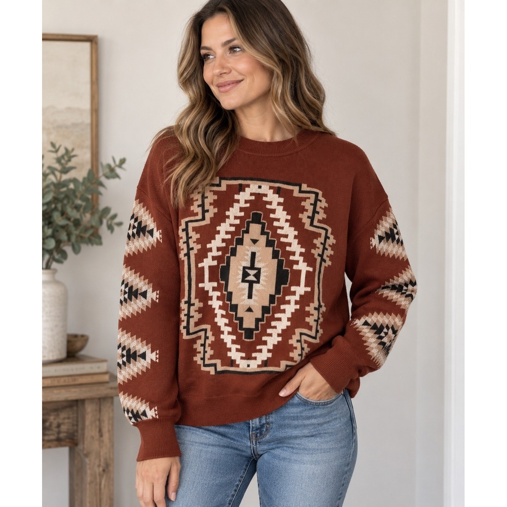 Sterling Kreek Rust Brown Southwestern Geometric Oversized Sweater XS NWT
